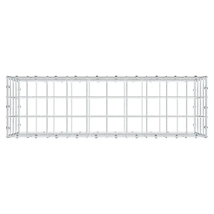Gabiona Gabione - 100 x 30 x 40 cm, Maschenbreite: 10 cm, Maschenhöhe: 10 cm - Draufsicht auf einen rechteckigen Metallgitterkorb mit mehreren Fächern, ideal für die Organisation und Lagerung verschiedener Gegenstände.