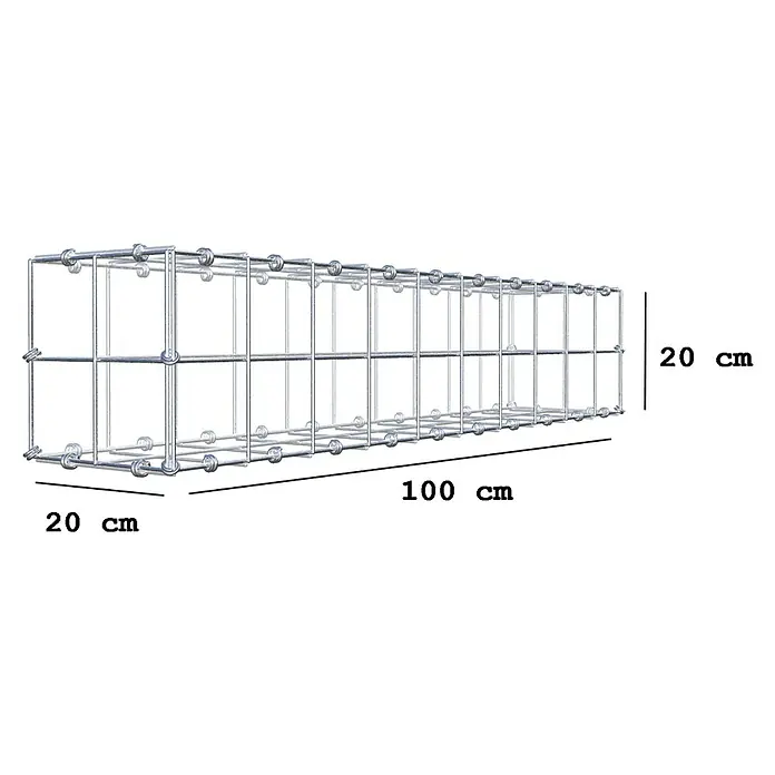 Gabiona Gabione - 100 x 20 x 20 cm, Maschenbreite: 10 cm, Maschenhöhe: 10 cm - Produktansicht eines Gabionen-Drahtkorbes, der 100 cm lang und 20 cm hoch ist. Das Produkt ist eine Drahtkonstruktion mit quadratischen Maschen.