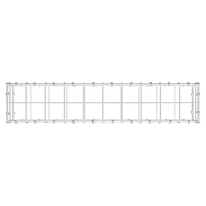 Gabiona Gabione - 100 x 20 x 20 cm, Maschenbreite: 10 cm, Maschenhöhe: 10 cm - Draufsicht auf eine rechteckige Metallgitterstruktur, die für Bau- oder Industriezwecke verwendet wird und ein stabiles Gerüst bietet.