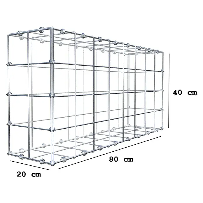 Gabiona Gabione - 80 x 20 x 40 cm, Maschenbreite: 10 cm, Maschenhöhe: 10 cm - Bild eines Gabionenkäfigs aus Draht mit den Maßen 80x40x20 cm.