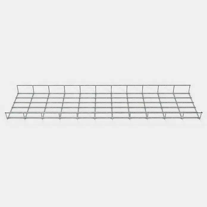 Gabiona Rankgitter - L x B x H: 28 x 5 x 110 cm, Silber, Stahl, Maschenbreite: 5 cm, Maschenhöhe: 10 cm - Draufsicht eines rechteckigen, silberfarbenen Kabelrinnenkorbs aus Metalldraht auf hellem Hintergrund.