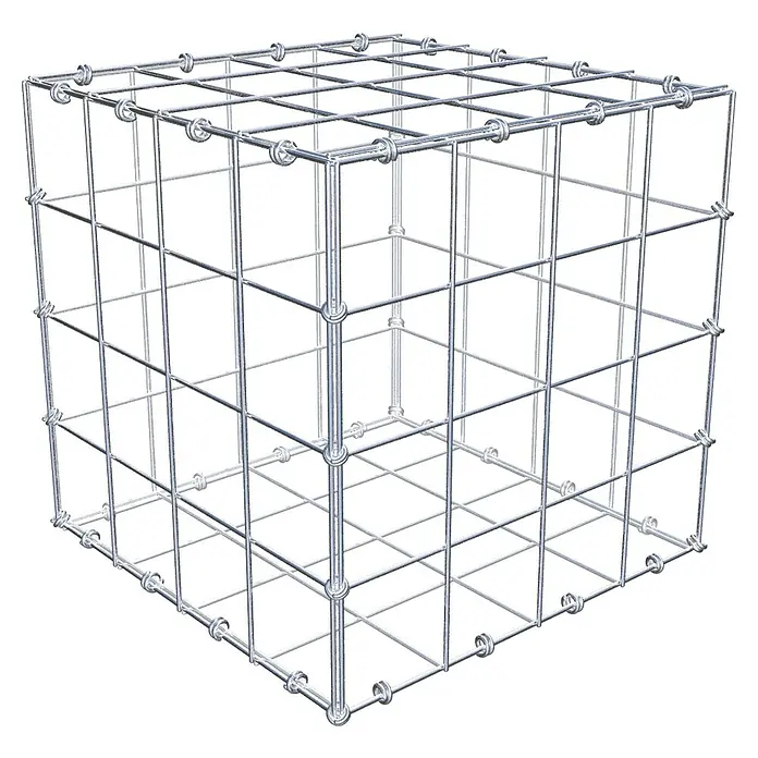 Gabiona Gabione - 40 x 40 x 40 cm, Maschenbreite: 10 cm, Maschenhöhe: 10 cm - Ansicht eines dreidimensionalen Würfelgitters aus glänzendem Metall, das ein modernes und luftiges Designelement darstellt.