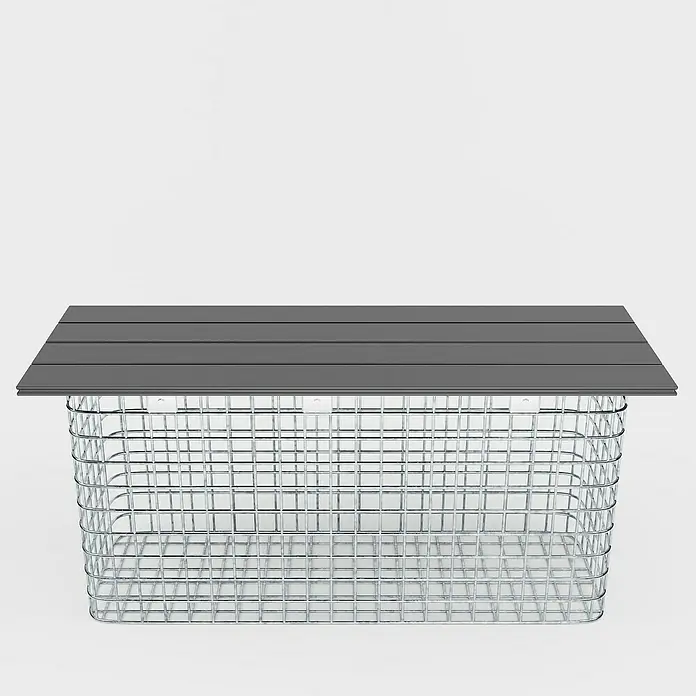 Gabiona Gabionenbank - 102 x 32 x 50 cm, Maschenbreite: 5 cm, Maschenhöhe: 5 cm - Abbildung eines modernen Aufbewahrungskorbs aus Metall mit einer grauen Holzplatte. Perfekt für die Organisation und Aufbewahrung von Gegenständen.