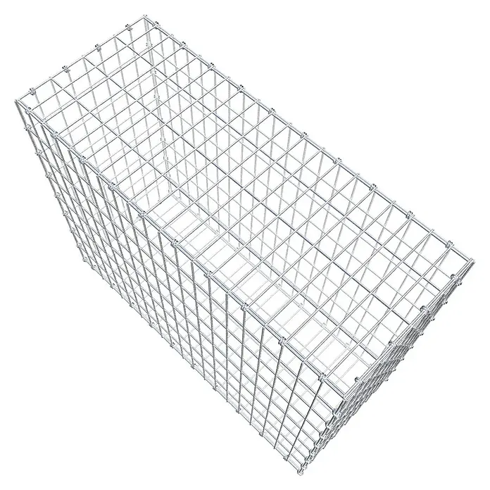 Gabiona Gabione - 100 x 40 x 80 cm, Maschenbreite: 5 cm, Maschenhöhe: 10 cm - Gitterbox für Steine: Eine rechteckige Gabione aus silbernem Drahtgeflecht, ideal zur Gartengestaltung und Hangbefestigung.