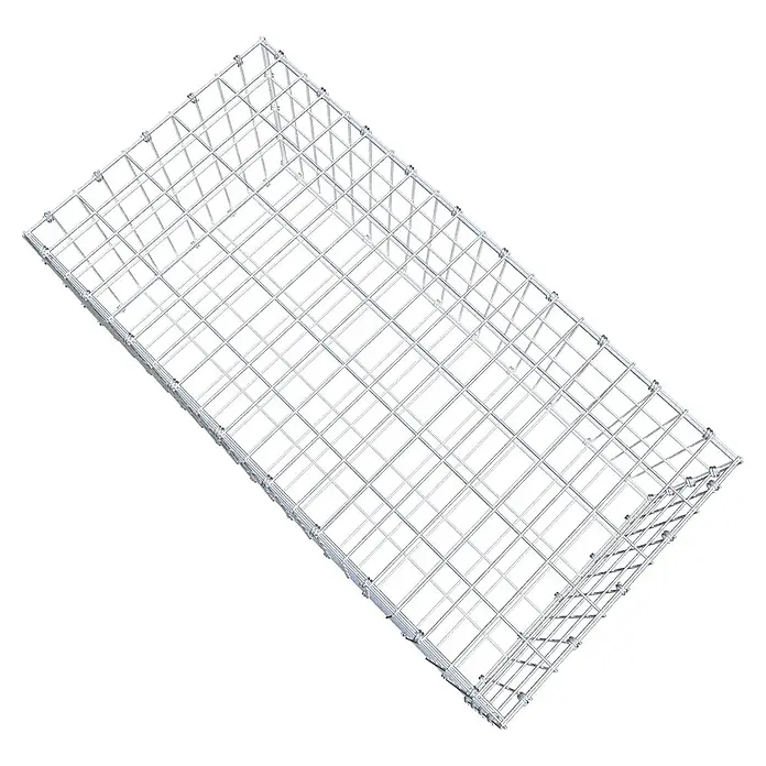 Gabiona Gabione - 100 x 50 x 40 cm, Maschenbreite: 5 cm, Maschenhöhe: 10 cm - Draufsicht eines rechteckigen, metallenen Gabionenkorbs. Das Drahtgittergeflecht ist silbern und erzeugt ein geometrisches Muster.