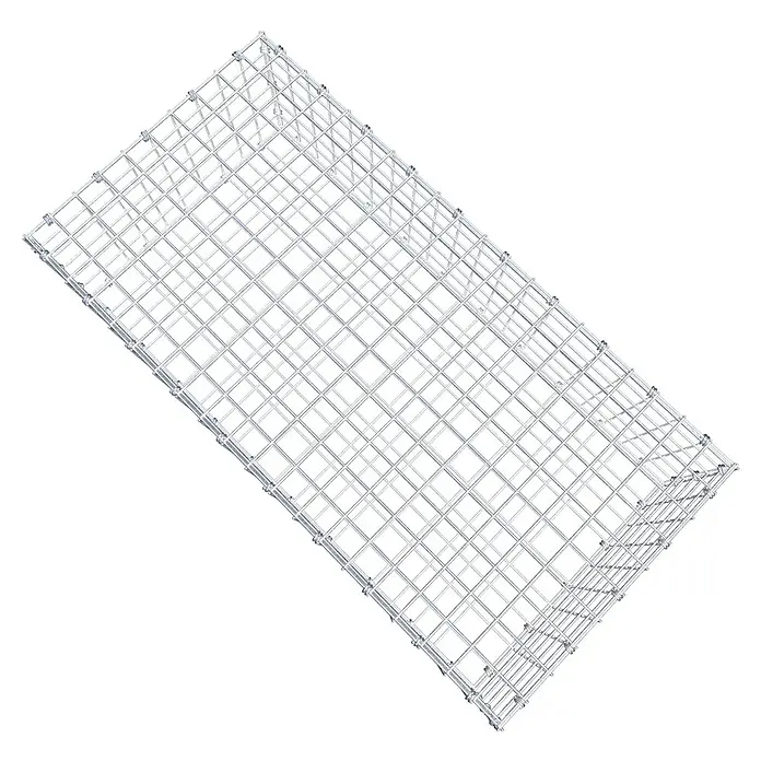 Gabiona Gabione - 100 x 50 x 30 cm, Maschenbreite: 5 cm, Maschenhöhe: 5 cm - Draufsicht auf eine rechteckige, silberne Drahtgitterbox mit gleichmäßigen quadratischen Maschen, die eine stabile Struktur für verschiedene Anwendungen bietet.