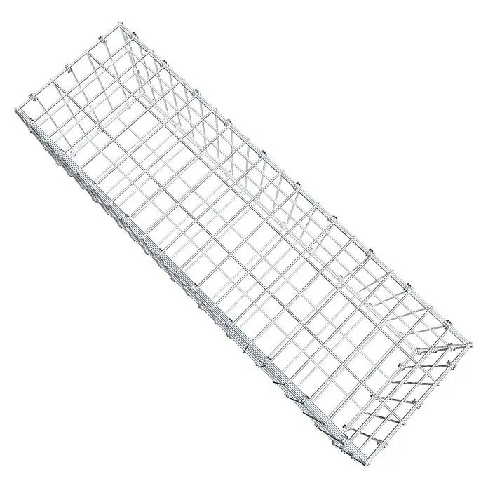 Gabiona Gabione - 100 x 30 x 30 cm, Maschenbreite: 5 cm, Maschenhöhe: 10 cm - Draufsicht eines rechteckigen Kabelträgers aus Metalldrahtgeflecht, der für die Organisation und Führung von Kabeln in industriellen Umgebungen konzipiert ist.