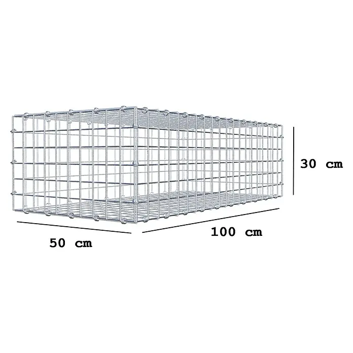 Gabiona Gabione - 100 x 50 x 30 cm, Maschenbreite: 5 cm, Maschenhöhe: 5 cm - Produktbild: Eine Gabione mit den Maßen 100 cm Länge, 50 cm Breite und 30 cm Höhe, ideal für Garten- und Landschaftsbauprojekte.