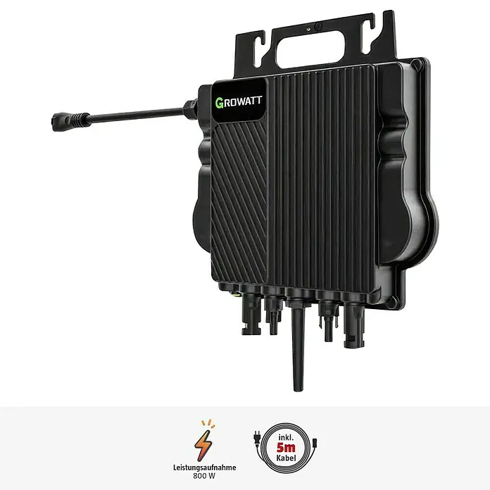 Growatt Wechselrichter NEO 800M-X - 0% MwSt. (gem. § 12 Abs. 3 UStG) - Leistungsaufnahme: 800 W - Produktansicht des Growatt-Wechselrichters, einem Gerät zur Umwandlung von Solarstrom mit robustem Design und Anschlussmöglichkeiten.