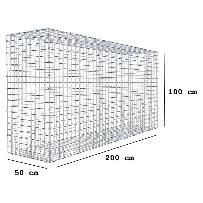 Gabiona Gabione - 200 x 50 x 100 cm, Maschenbreite: 5 cm, Maschenhöhe: 5 cm - Drahtgitterkorb mit Maßen 50x200x100 cm. Der Korb ist aus Metall und hat eine rechteckige Form. Er ist ideal für den Einsatz im Garten.