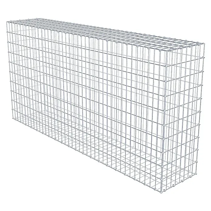 Gabiona Gabione - 200 x 40 x 100 cm, Maschenbreite: 5 cm, Maschenhöhe: 10 cm - Das Bild zeigt einen rechteckigen Gabionenkorb aus Drahtgitter, der leer und unbefüllt ist. Er ist für den Einsatz im Garten- und Landschaftsbau gedacht.