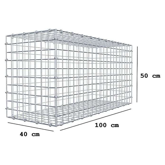 Gabiona Gabione - 100 x 40 x 50 cm, Maschenbreite: 5 cm, Maschenhöhe: 5 cm - Abbildung eines rechteckigen Gabionenkorbs mit den Maßen 100x40x50 cm, ideal zur Gartendekoration und Hangbefestigung.