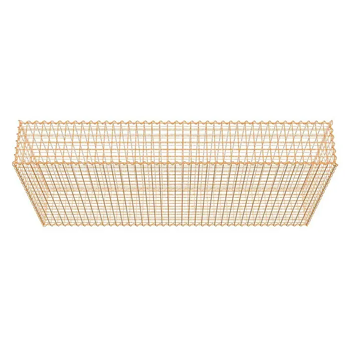 Gabiona Gabione - 200 x 30 x 100 cm, Maschenbreite: 5 cm, Maschenhöhe: 5 cm, Unverzinkt - Draufsicht auf einen dekorativen, rechteckigen Drahtkorb in Goldoptik, ideal für die Aufbewahrung und Präsentation von Gegenständen.