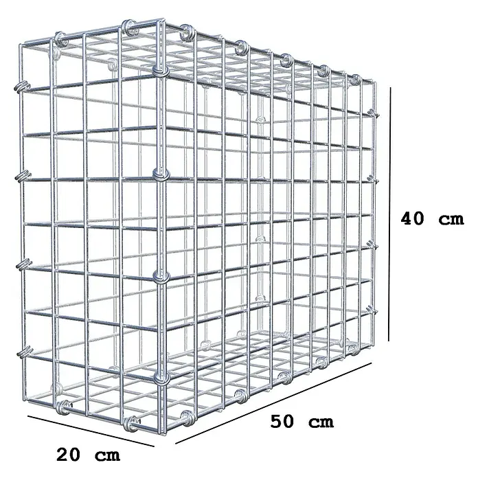 Gabiona Gabione - 50 x 20 x 40 cm, Maschenbreite: 5 cm, Maschenhöhe: 5 cm - Draufsicht eines Gabionenkorbs aus verzinktem Stahl, ideal für Gartenbau und Landschaftsgestaltung, mit Maßen 20x50x40 cm.