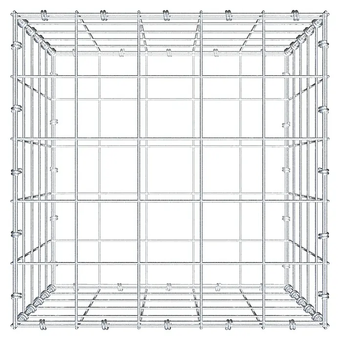 Gabiona Gabione - 50 x 50 x 50 cm, Maschenbreite: 10 cm, Maschenhöhe: 10 cm - Draufsicht eines Gabionenkastens aus verzinktem Drahtgitter, ideal für Gartenmauern, Hangbefestigungen oder als dekoratives Element im Außenbereich.