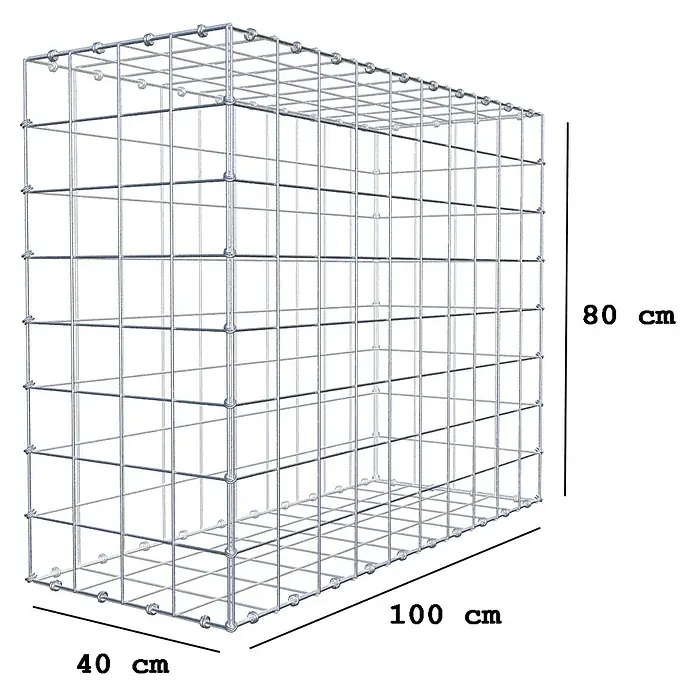 Gabiona Gabione - 100 x 40 x 80 cm, Maschenbreite: 10 cm, Maschenhöhe: 10 cm - Ansicht einer rechteckigen Gabione mit den Maßen 100 cm x 40 cm x 80 cm, ideal für Gartenbau und Landschaftsgestaltung.