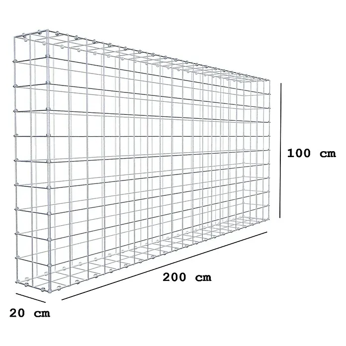 Gabiona Gabione - 200 x 20 x 100 cm, Maschenbreite: 10 cm, Maschenhöhe: 10 cm - Bild einer Gabione mit den Maßen 200 x 100 x 20 cm, die eine stabile und vielseitige Lösung für Garten- und Landschaftsbau darstellt.