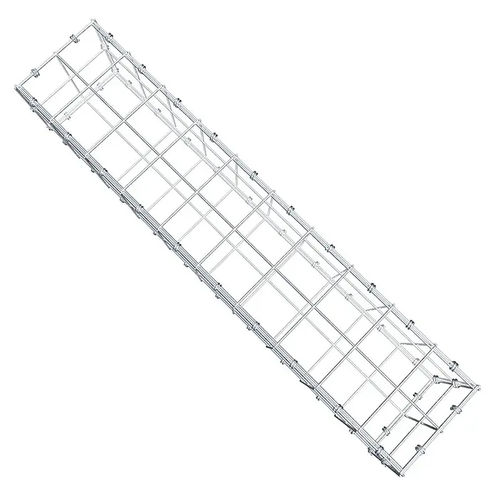 Gabiona Gabione - 100 x 20 x 20 cm, Maschenbreite: 10 cm, Maschenhöhe: 10 cm - Draufsicht eines langen Tunnelrahmens aus Metall mit rechteckigen Öffnungen und Verbindungsstücken.