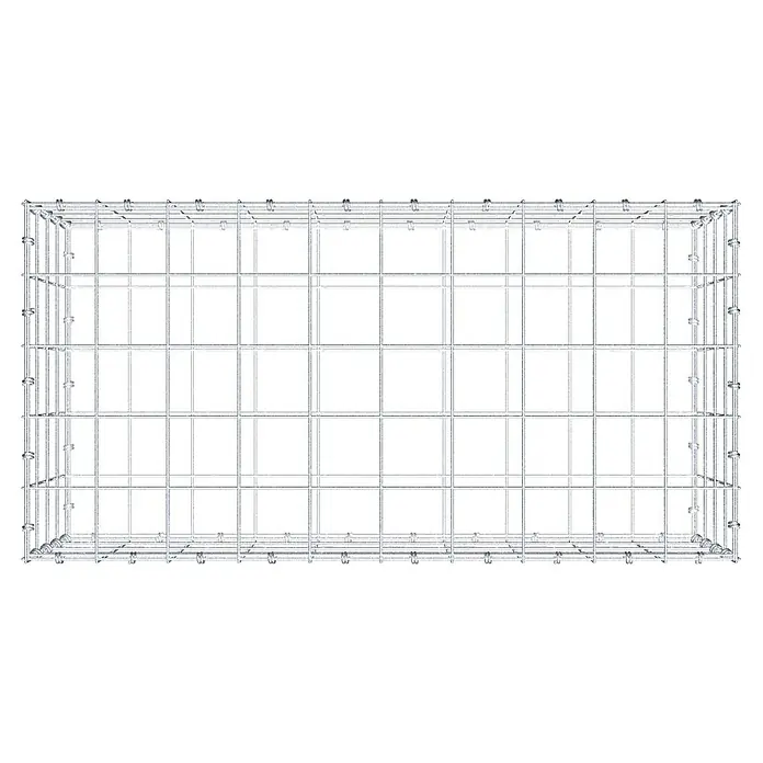 Gabiona Gabione - 100 x 50 x 40 cm, Maschenbreite: 10 cm, Maschenhöhe: 10 cm - Das Bild zeigt einen Gabionenkorb, der leer und bereit für die Befüllung mit Steinen oder anderen Materialien ist. Die Drahtstruktur ist deutlich erkennbar.