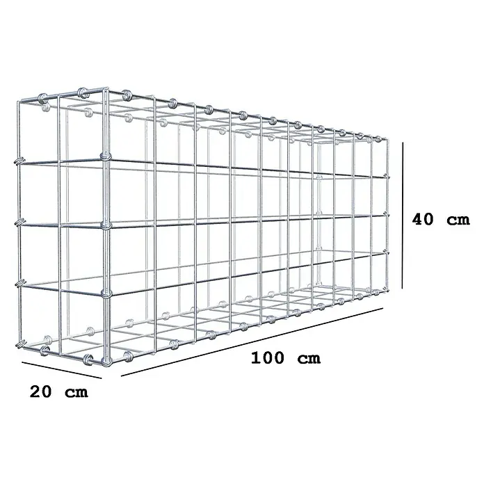 Gabiona Gabione - 100 x 20 x 40 cm, Maschenbreite: 10 cm, Maschenhöhe: 10 cm - Abbildung eines Gabionenkorbs mit den Maßen 100 cm x 20 cm x 40 cm, zur Verwendung im Garten- und Landschaftsbau.