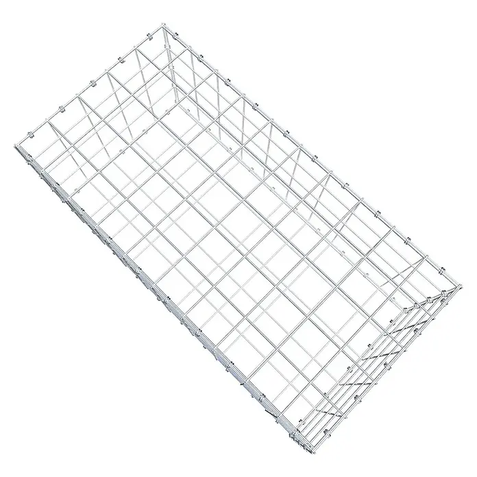 Gabiona Gabione - 100 x 50 x 40 cm, Maschenbreite: 10 cm, Maschenhöhe: 10 cm - Draufsicht auf ein rechteckiges, silbernes, aus Metall gefertigtes Drahtgitter, das eine stabile und vielseitige Konstruktion für verschiedene Anwendungen bietet.