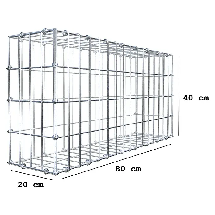 Gabiona Gabione - 80 x 20 x 40 cm, Maschenbreite: 5 cm, Maschenhöhe: 10 cm - Die Abbildung zeigt einen Gabionenkorb mit den Maßen 80 cm x 20 cm x 40 cm. Der Korb ist aus Draht gefertigt und leer.