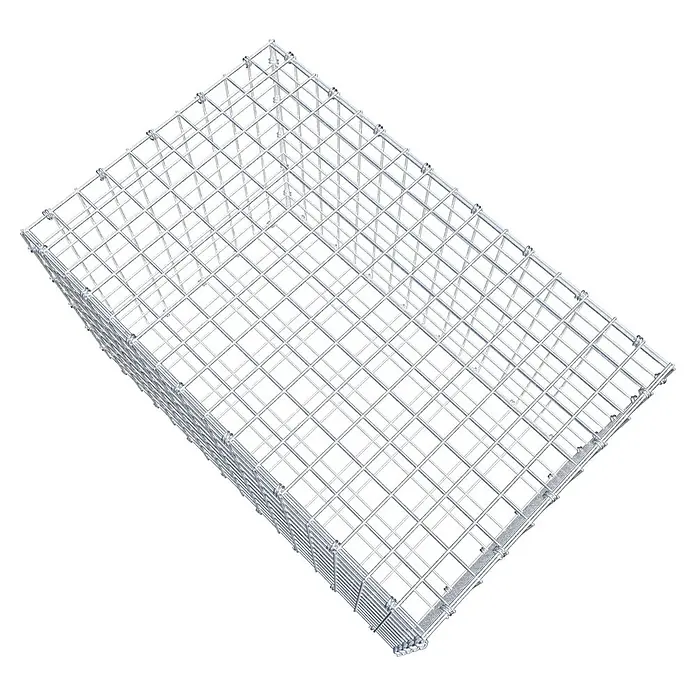 Gabiona Gabione - 80 x 50 x 50 cm, Maschenbreite: 5 cm, Maschenhöhe: 5 cm - Das Bild zeigt eine rechteckige Gabione aus Drahtgeflecht, die stabil und robust für den Einsatz im Garten- und Landschaftsbau ist.