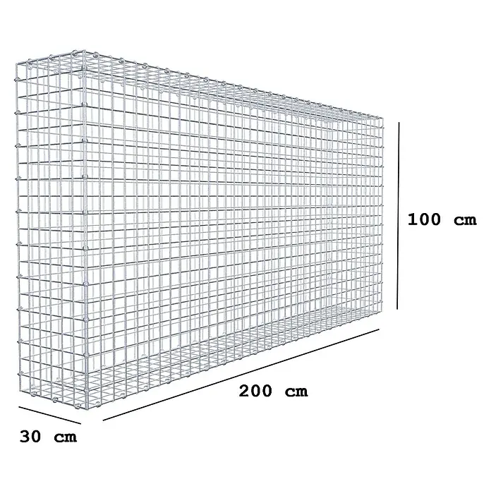 Gabiona Gabione - 200 x 30 x 100 cm, Maschenbreite: 5 cm, Maschenhöhe: 5 cm - Bild einer Gabione aus Draht mit den Maßen 200 x 100 x 30 cm, ideal für Gartenbau und Landschaftsgestaltung.