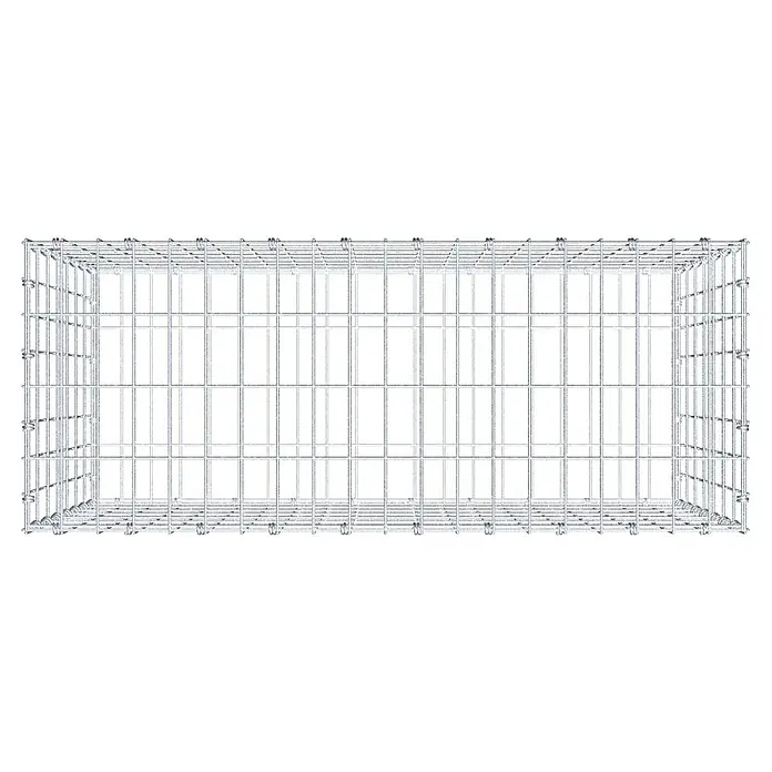 Gabiona Gabione - 100 x 40 x 70 cm, Maschenbreite: 5 cm, Maschenhöhe: 10 cm - Draufsicht eines rechteckigen, silbernen Drahtkäfigs mit einem stabilen, engmaschigen Gitterdesign, ideal für Tierhaltung oder Lagerung.
