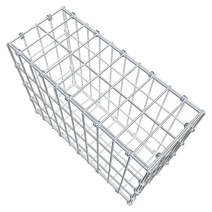 Gabiona Gabione - 50 x 20 x 40 cm, Maschenbreite: 5 cm, Maschenhöhe: 10 cm - Ansicht eines Gabionenkorbs, einer Drahtstruktur, die zur Stützung von Mauern oder zur Schaffung dekorativer Elemente verwendet wird.