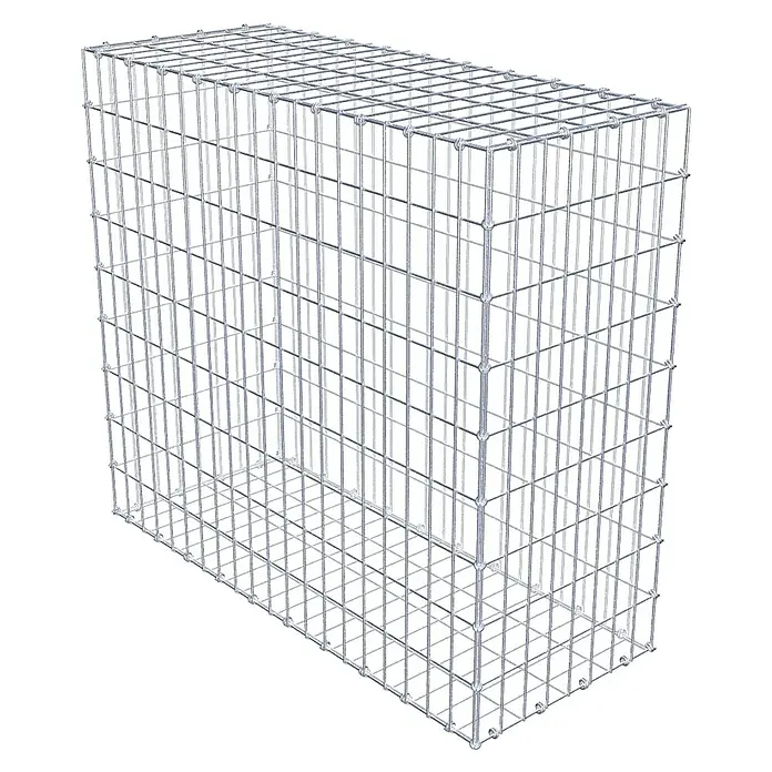 Gabiona Gabione - 100 x 40 x 90 cm, Maschenbreite: 5 cm, Maschenhöhe: 10 cm - Nahaufnahme eines leeren Gabionenkorbs aus Drahtgeflecht, der für den Bau von Stützmauern oder dekorativen Elementen verwendet wird.