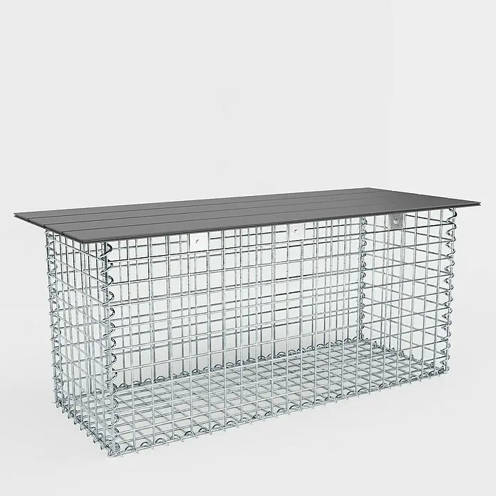 Gabiona Gabionenbank - 105 x 50 x 50 cm, Maschenbreite: 5 cm, Maschenhöhe: 5 cm - Bild eines Gabionen-Beistelltisches mit einer grauen Tischplatte, ideal für den Außenbereich und zur Dekoration.