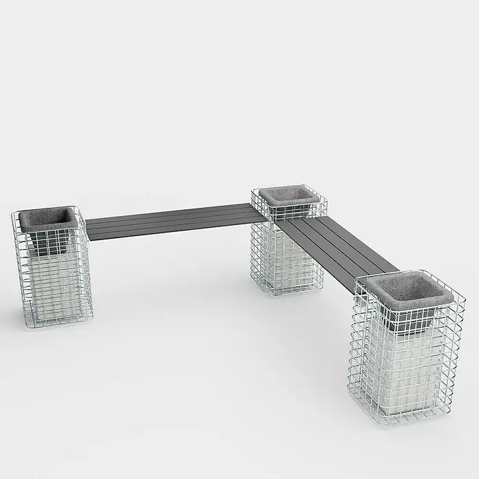 Gabiona Gabionenbank 3er - 200 x 42 x 62 cm, Maschenbreite: 5 cm, Maschenhöhe: 5 cm - Das Bild zeigt eine moderne Parkbank mit Gabionen-Fundament und grauen Sitzflächen. Das minimalistische Design integriert sich gut in städtische Umgebungen.