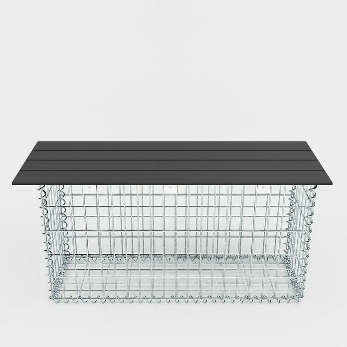 Gabiona Gabionenbank - 105 x 30 x 50 cm, Maschenbreite: 5 cm, Maschenhöhe: 10 cm - Ein rechteckiger Gabionen-Tisch mit einer dunklen Holzplatte, ideal für den Garten oder die Terrasse. Robust und stilvoll.