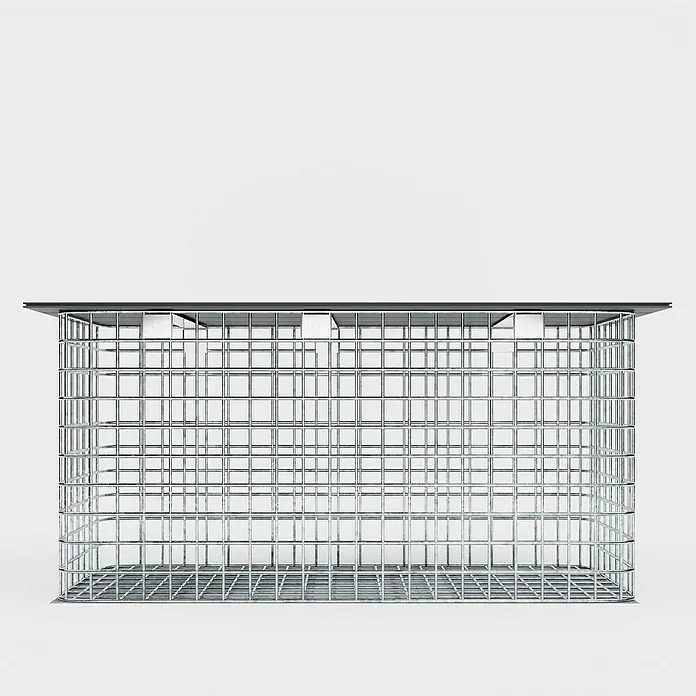 Gabiona Gabionenbank - 102 x 42 x 50 cm, Maschenbreite: 5 cm, Maschenhöhe: 5 cm - Bild einer Gabione, einem Drahtkorb, der mit Steinen oder anderen Materialien gefüllt werden kann, oft für Gartengestaltung genutzt.