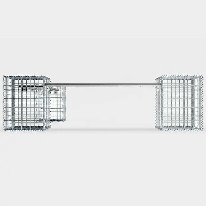 Gabiona Gabionenbank 3er - 205 x 40 x 60 cm, Maschenbreite: 5 cm - Produktansicht: Eine moderne Bank mit Drahtgeflechtkörben als Basis und einer schlichten Sitzfläche, die ein minimalistisches Design präsentiert.