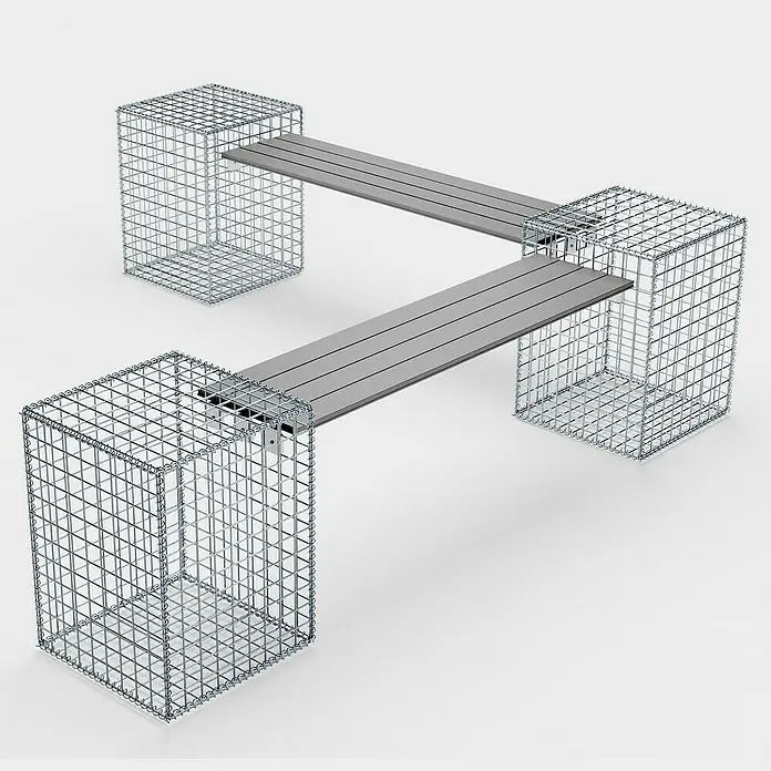 Gabiona Gabionenbank 3er - 205 x 40 x 60 cm, Maschenbreite: 5 cm - Das Bild zeigt eine moderne Gartenbank mit Gabionen-Unterbau und grauen Holzbalken als Sitzfläche. Die Bank ist minimalistisch und stilvoll.