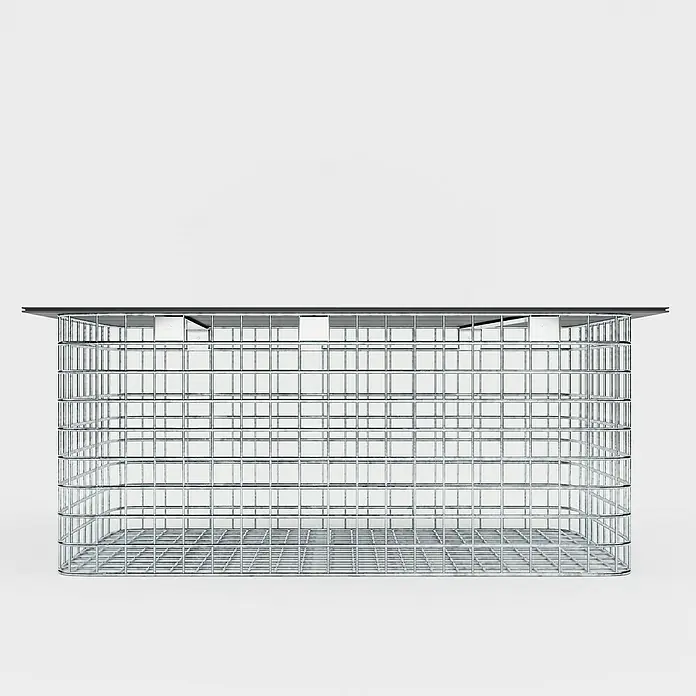 Gabiona Gabionenbank - 102 x 52 x 45 cm, Maschenbreite: 5 cm, Maschenhöhe: 5 cm - Abbildung eines rechteckigen Drahtkorbs mit flachem, dunklem Oberteil, ideal für Organisation und Aufbewahrung.