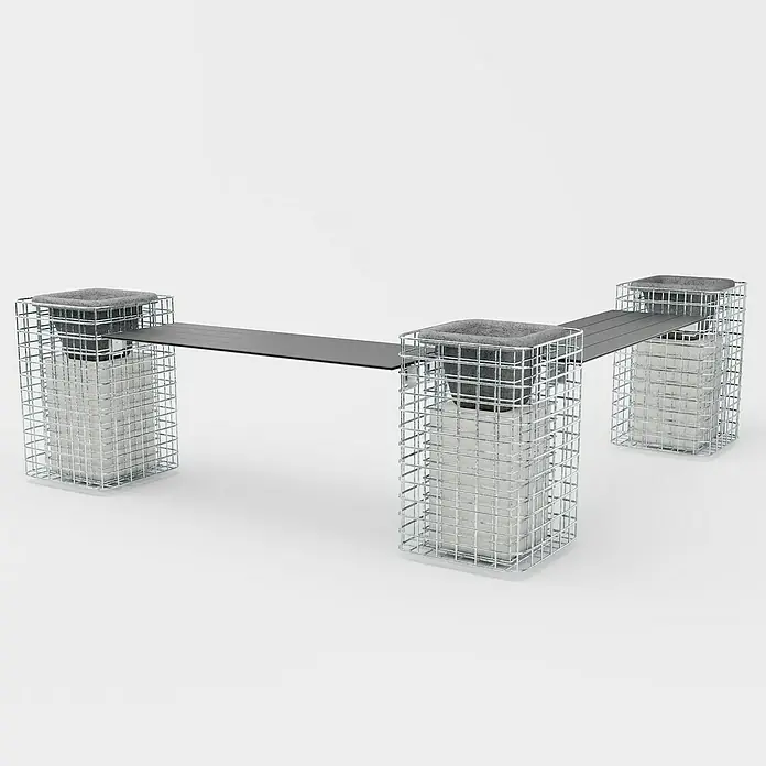Gabiona Gabionenbank 3er - 200 x 42 x 62 cm, Maschenbreite: 5 cm, Maschenhöhe: 5 cm - Moderne Bank mit Betonstützen in Drahtkörben und grauer Sitzfläche, ideal für den Außenbereich.