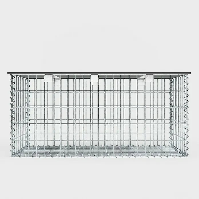 Gabiona Gabionenbank - 105 x 50 x 50 cm, Maschenbreite: 5 cm, Maschenhöhe: 10 cm - Das Bild zeigt einen Gabionenkorb, eine Drahtkonstruktion zur Befüllung mit Steinen, ideal für Garten- und Landschaftsbauprojekte.