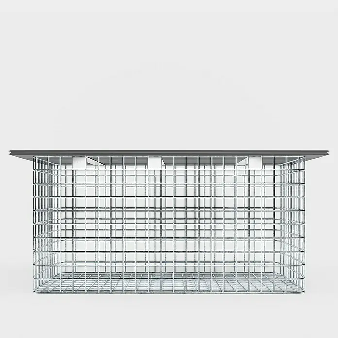 Gabiona Gabionenbank - 102 x 52 x 50 cm, Maschenbreite: 5 cm, Maschenhöhe: 5 cm - Ein grauer Drahtkorb mit rechteckigem Design und einem stabilen Rahmen bietet eine praktische Aufbewahrungslösung für verschiedene Gegenstände.