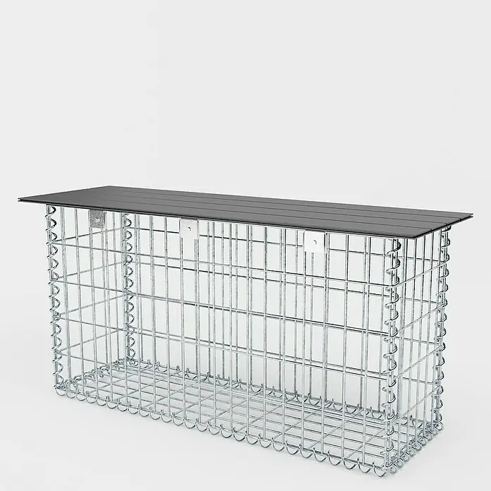 Gabiona Gabionenbank - 105 x 30 x 50 cm, Maschenbreite: 5 cm, Maschenhöhe: 10 cm - Abbildung eines Gabionentisches mit einer dunklen Tischplatte. Das Drahtgeflecht ist silbern und hat eine rechteckige Form.