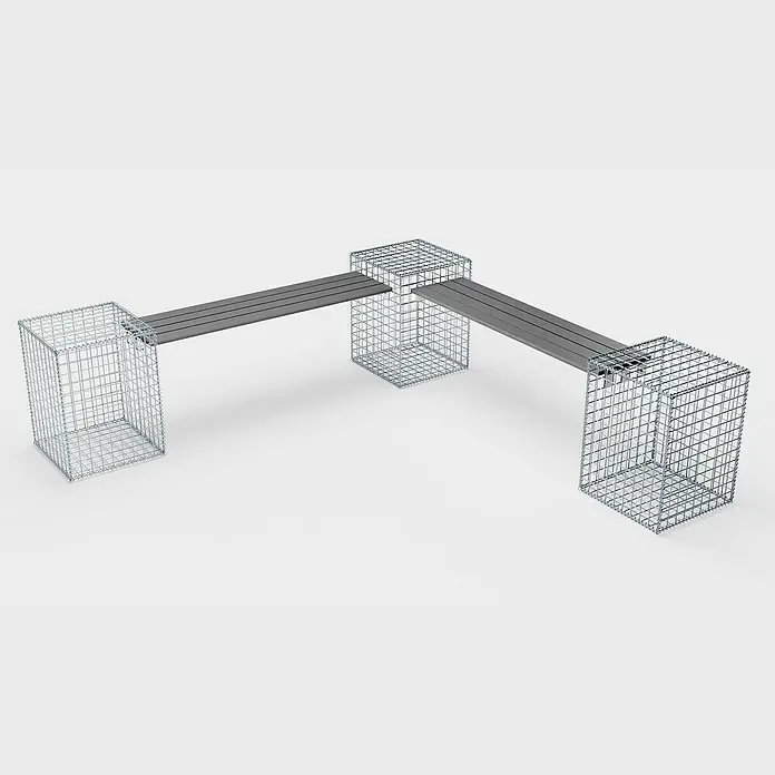 Gabiona Gabionenbank 3er - 205 x 40 x 60 cm, Maschenbreite: 5 cm - Das Bild zeigt eine moderne Bank mit grauen Sitzflächen, die auf drei Gabionen-Stützen ruhen, vor einem hellen Hintergrund.