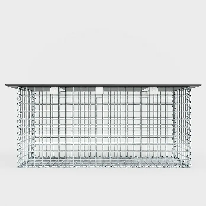 Gabiona Gabionenbank - 105 x 50 x 50 cm, Maschenbreite: 5 cm, Maschenhöhe: 5 cm - Draufsicht auf eine Gabione, eine Drahtgitterbox, die mit Steinen oder anderen Materialien gefüllt werden kann. Sie ist stabil und langlebig.