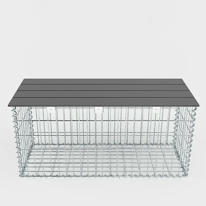 Gabiona Gabionenbank - 105 x 50 x 50 cm, Maschenbreite: 5 cm, Maschenhöhe: 10 cm - Dieser Artikel zeigt einen Gabionen-Sitzbank mit einer stilvollen, grauen Holzauflage. Die Sitzbank ist ideal für Gärten und Terrassen.