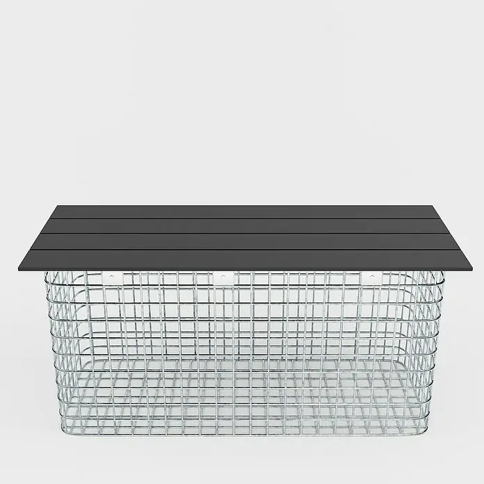 Gabiona Gabionenbank - 102 x 42 x 50 cm, Maschenbreite: 5 cm, Maschenhöhe: 5 cm - Ein rechteckiger Drahtkorb mit einem schwarzen Holzdeckel, der eine moderne und praktische Aufbewahrungslösung bietet.