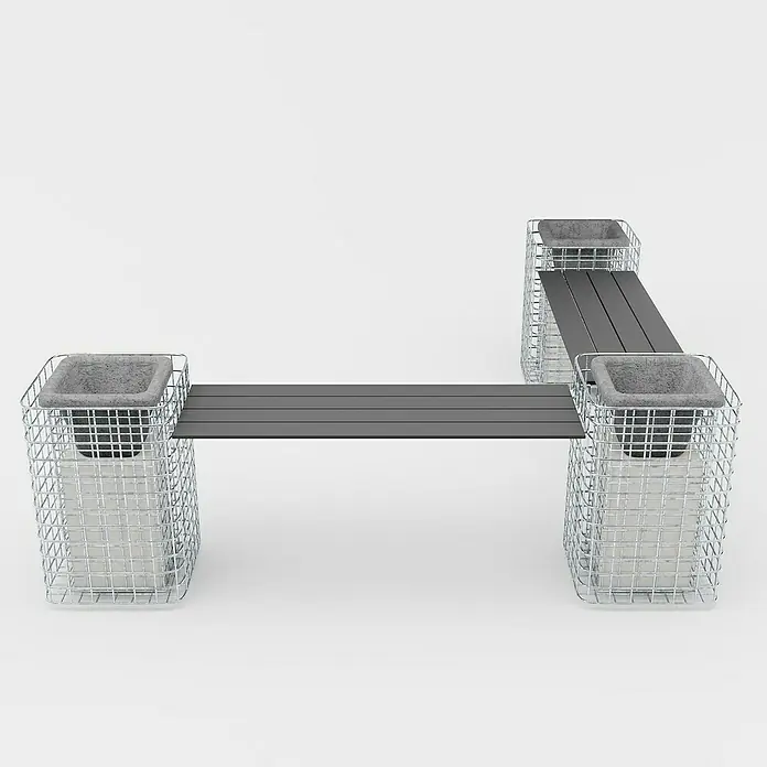 Gabiona Gabionenbank 3er - 200 x 42 x 62 cm, Maschenbreite: 5 cm, Maschenhöhe: 5 cm - Ein modernes Gartenbank-Design mit grauen Holzbalken, die auf Drahtkörben mit Pflanzgefäßen ruhen, vor einem neutralen Hintergrund.