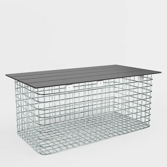 Gabiona Gabionenbank - 102 x 52 x 45 cm, Maschenbreite: 5 cm, Maschenhöhe: 5 cm - Ein rechteckiger Drahtkorb mit einem schwarzen lamellenartigen Deckel bietet stilvollen Stauraum. Praktisch und modern für jedes Zuhause.