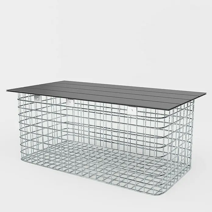 Gabiona Gabionenbank - 102 x 52 x 45 cm, Maschenbreite: 5 cm, Maschenhöhe: 5 cm - Metallkorbtisch mit einer dunklen Holzplatte. Das Produkt ist modern und funktional gestaltet, perfekt für stilvolle Wohnräume.