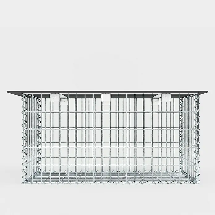 Gabiona Gabionenbank - 105 x 40 x 50 cm, Maschenbreite: 5 cm, Maschenhöhe: 10 cm - Das Bild zeigt einen Gabionenkorb mit einer schwarzen Abdeckung auf einem weißen Hintergrund. Er besteht aus einem Drahtgitter.